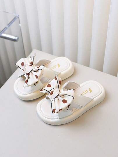 1 Pair Girls' Fashion Slippers, Solid Color Bow Home Shoes, Outdoor Casual Sandals, Toddler Walking Shoes
