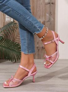Spring/Summer Pink Fashionable Mesh High Heel Sandals With Bow, Versatile Backstrap Stilettos, Party/Formal Shoes - Baby Pink - View 5