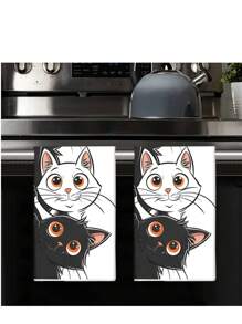 2 Packs Cute Black & White Cat Patterned Ultra-Soft Microfiber Dishcloths, Highly Absorbent Kitchen Cleaning Towels, Great For Cooking, Baking, Washing Dishes, Drying Hands, Decor, Housewarming, Birthday, Mother's Day Gifts