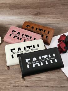 And Functional Women's Long Wallet With "Faith" Letter Print, Premium Leather Material, Multi-Card Slots For Credit Card, Bank Card, And Coin Storage, Zipper Closure For Secure Storage Of Bills And Coins, Compact And Lightweight Design For Easy Carry, Ideal For Shopping, Travel, And Daily Use, Perfect Gift For Girlfriend, Mother, Or Teacher - Black - View 2