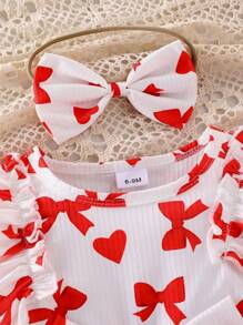 2pcs/Set Baby Girls Summer Elegant Lace Heart Bow Printing Ribbed Patchwork Double-Layer Mesh Splicing 2 In 1 Princess Tutu Dress With Bow Hair Accessory - Red - View 3