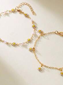 2pcs Summer Beach Style Daisy & Golden Chain Anklet - Multicolor - View 3