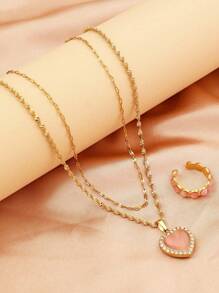 3 Pieces Fashionable Delicate Stainless Steel 18k Gold Plated High Quality Heart Diamonds Faux Pearls Pink Diamonds Necklace Set Summer Beach Jewellery Suitable For Women's Daily Wear Dating Engagement Wedding Holiday Gift Necklace Friendship Jewellery - 3 Heart Diamond Necklaces - View 2