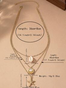 1pc Fashion Vacation Starfish & Shell Inlaid Multi-Layer Necklace, Suitable For Women Beach Holiday Wear - Yellow Gold - View 3