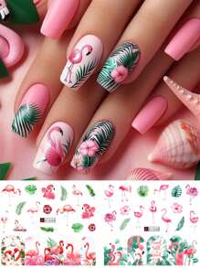 12 pièces d'autocollants pour ongles avec flamants roses, fleurs, feuilles, plumes, jungle tropicale, palmiers, oiseaux et animaux. Décalcomanies d'été pour piscine, fête. Décoration d'ongles par transfert d'eau (sans viscosité)