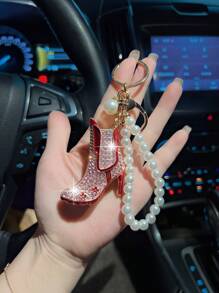 1pc Pearl Chain & Rhinestone Decor High Heel Car Keychain