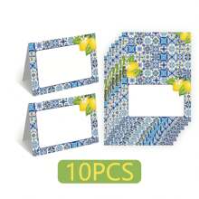 卡普里柠檬座位卡柠檬和蓝色瓷砖桌名卡帐篷卡自助餐卡食物标签用于餐桌布置生日新娘送礼会意大利黄柠檬和阿马尔菲海岸派对装饰