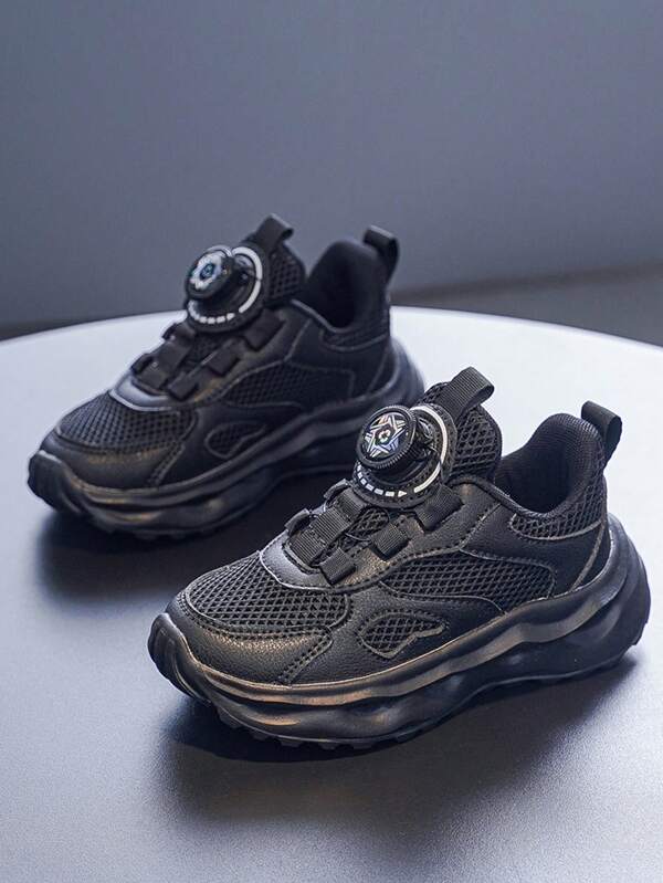 Rotating Button Shoes, Boys/Girls Fashion Sneakers, Comfortable, Non-Slip, Pure Black Mesh Breathable Sports Shoes, Kids Casual Shoes, Soft-Sole Lightweight Comfortable Student Campus Running Shoes, Suitable For School Days/Daily Wear, Indoor And Outdoor Activities