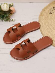 1 Pair Plus Size Brown Flat Slide Sandals For Teenage Girls, Solid Color PU Strap, Round Toe, Open Toe, Cute Roman Style, Suitable For Casual, Gatherings, Travel & Vacation, Spring/Summer New 2025 - Brown - View 2