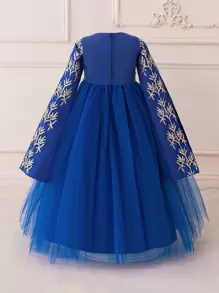 Young Girls Long Sleeve Embroidered Metallic Ribbon & Mesh Elegant Princess Dress, Suitable For Banquet And Holiday Celebration, Fabric Pattern Randomly Cut, Headband Not Included - Royal Blue - View 3