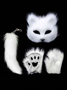 毛茸茸的兽人面具和狐狸尾巴手套套装（适合女孩）、猫面具兽人、狼兽人装备舞会 - 彩色 - 查看 10