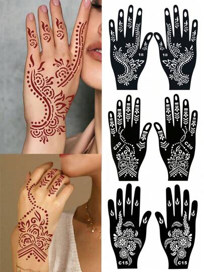 2 张指甲花模板，月亮、星星、圆点图案临时纹身模板，适用于手和脚，Mehndi 设计镂空纹身模板，适用于女性身体彩绘，适合婚礼、节日