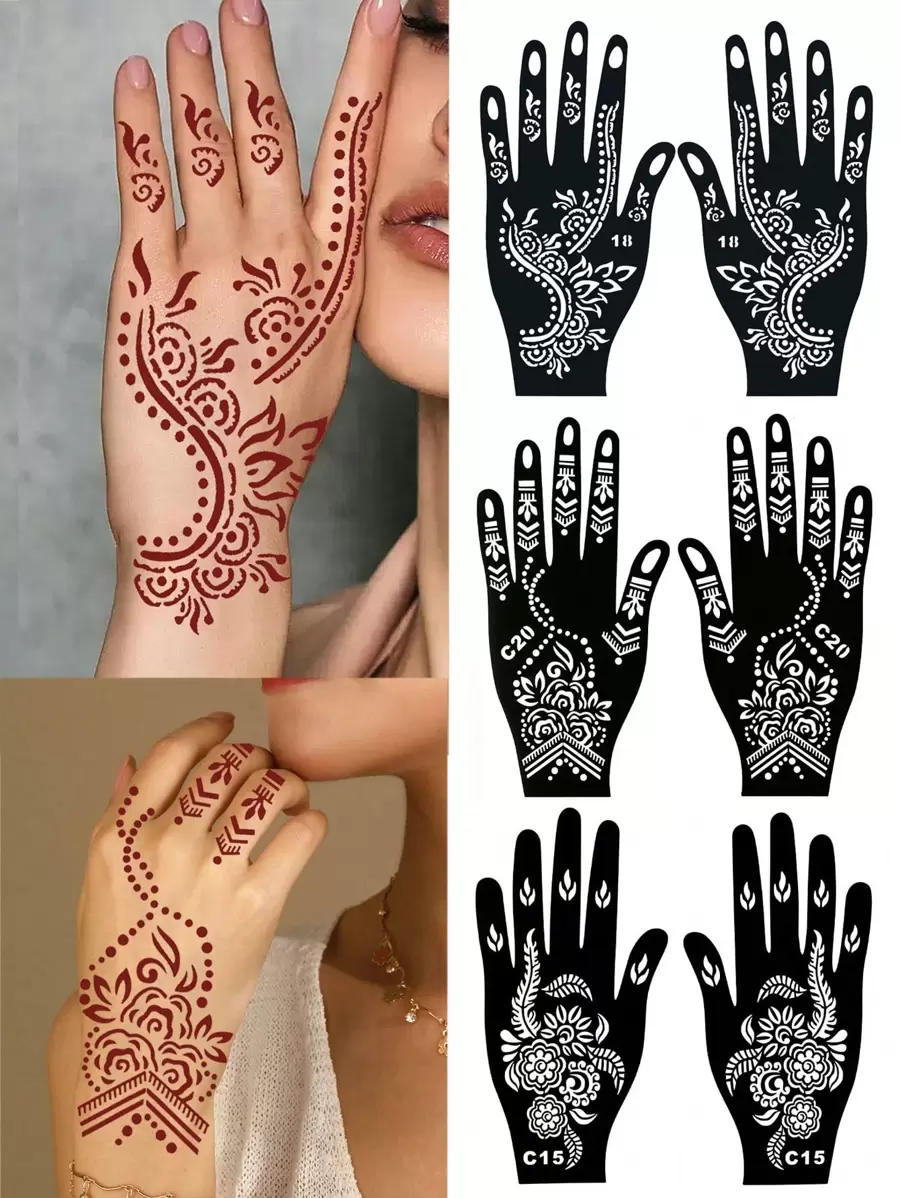 2 fogli di stencil all'henné, con disegni di luna, stelle e motivi a pois, stencil per tatuaggi temporanei per mani e piedi, modelli di mehndi con motivi traforati per il body painting delle donne, adatti per matrimoni e festival - Multicolore - Visualizzare 1