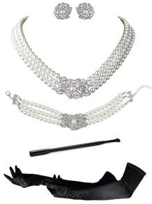 1 Set 5pcs Women's Faux Pearl Necklace, Celebrity Audrey Style With Crystal Studded Pearl Necklace & Choker Necklace Combo - Multicolor - View 18