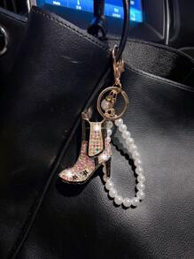 1pc Pearl Chain & Rhinestone Decor High Heel Car Keychain