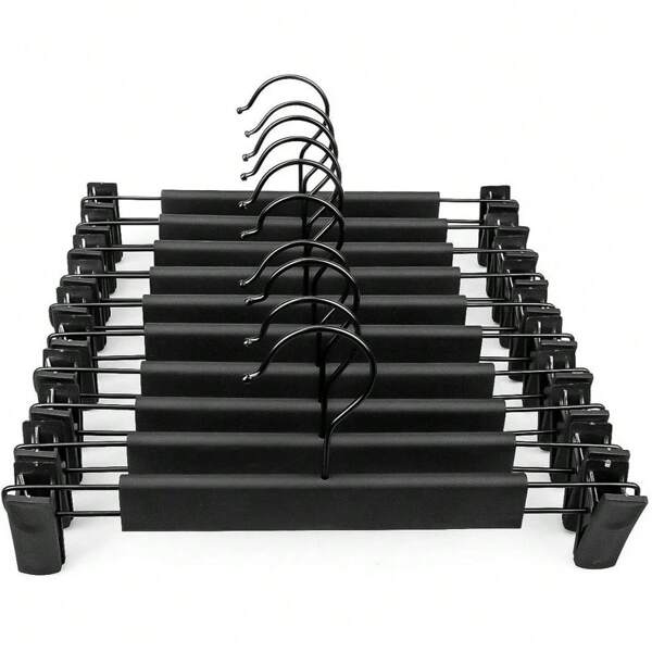 10pcs Black Plastic Clothes & Pants Hanger Set With 2 Adjustable Rust Resistant Skirt Clips And 360 Degree Rotatable Hooks For Jeans & Trousers