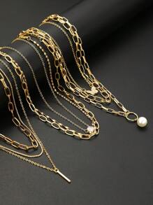 7pcs Set Elegant Vintage Stylish Pearls Crystal Rhinestone Heart Geometric Vertical Stripe Chain Minimalist Metal Pendant Multilayer Necklace, Fashion Jewelry Gift Set For Holiday Party Date Daily Wear - Yellow Gold - View 7