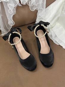 Tacones gruesos elegantes con decoración de cristales y perlas para niña, talla grande, adecuados para vestidos formales y ocasiones, con correa de tobillo ajustable