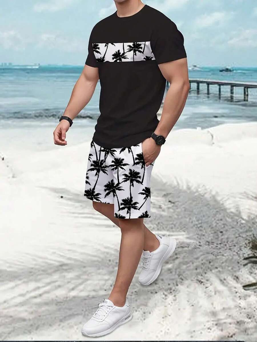 Men's Casual Short Sleeve T-Shirt Set, Featuring Hawaiian Coconut Tree Pattern - 3D Printed T-Shirt And Shorts Combo - Includes Beach Shorts And Activewear - Suitable For Streetwear, Loose Sportswear - Perfect Gift For Summer Vacation - Multicolor - View 1