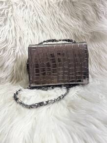 Women's Crocodile Shoulder Bag With Crossbody Strap And Swivel Closure - grafit - View 4