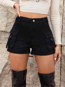 Flap Pocket Denim Shorts Casual Black - Black - View 5