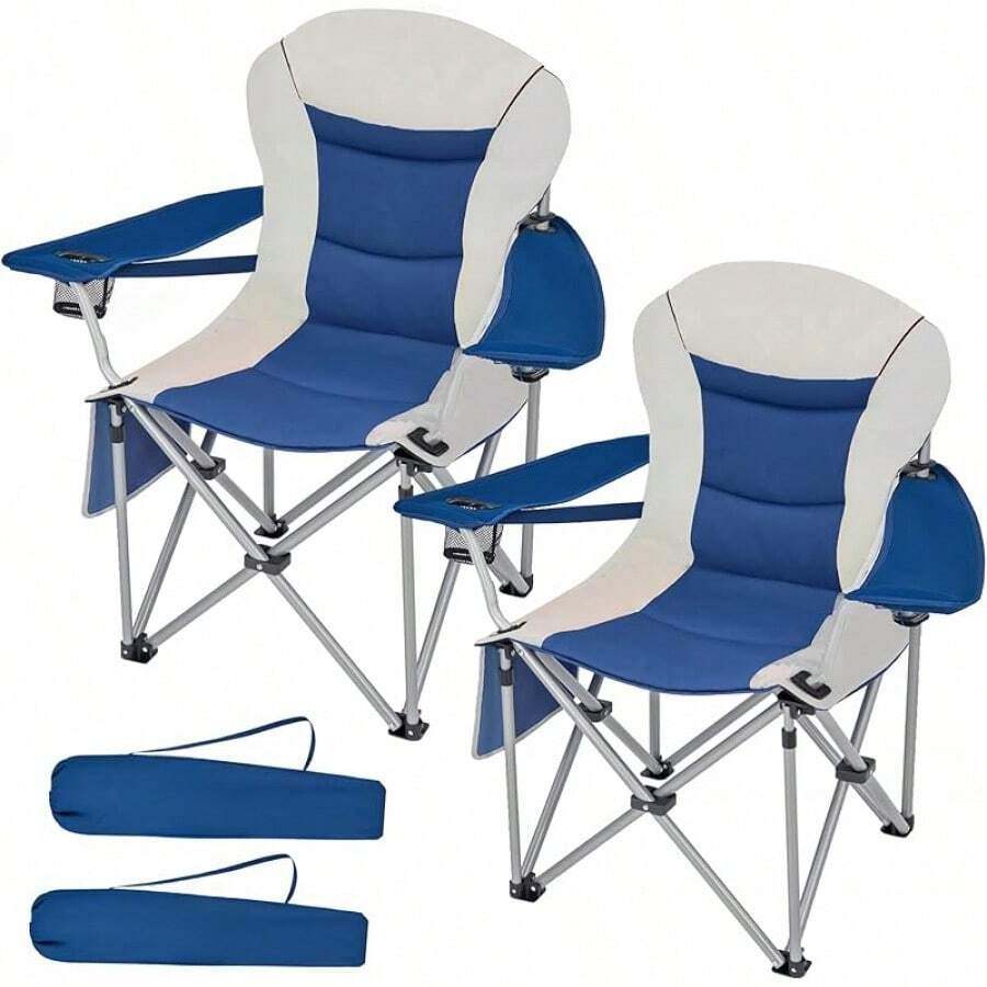 2 Packs Oversized Camping Chair With Lumbar Back Support Padded Outdoor Heavy Duty Camping Chair For Adults With Cup Holder, Armrest, Support 300 Lbs