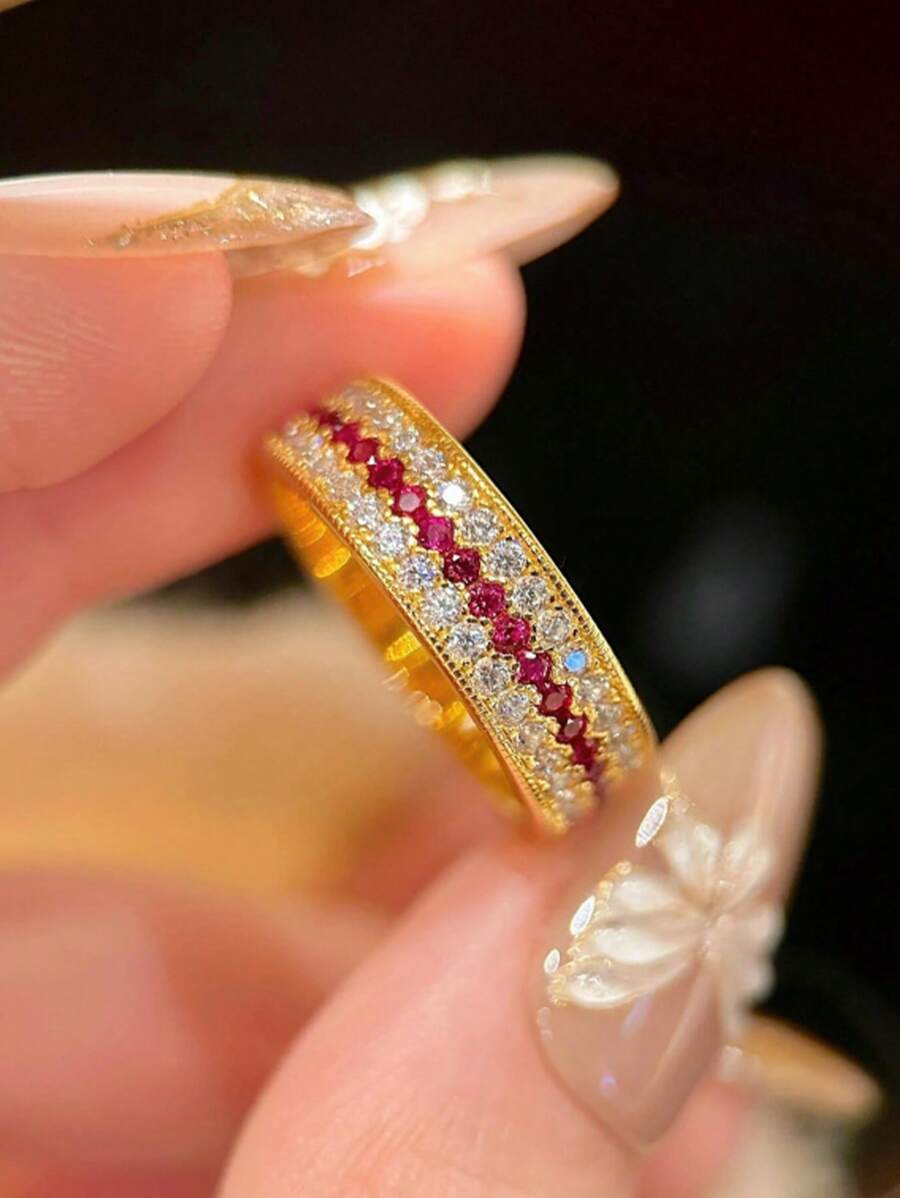 Stylever 1pc 925 Sterling Silver French Vintage High-Class Light Luxury Red Zirconia Ring For Women Daily Versatile Style Prom Party Decoration Fine Jewellery For Women As Gift - Gold - View 1