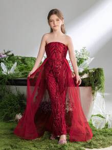 Tween Girls' Sparkly Strapless Jumpsuit With Mesh Overlay At Waist - Red - View 2