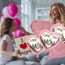 5 个玫瑰金母亲节气球（3 个爱你妈妈心形气球 + 2 个玫瑰金心形纯色气球），爱你妈妈母亲节快乐心形铝箔气球母亲节生日派对装饰