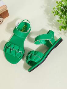 1 Pair Plus Size Green Baby/Toddler Girls Flat Sandals With PU Pleated Straps, Rhinestone Decor, Adjustable Strap Design, Round Toe For 3-16 Years Old Girls, Casual, Vacation, Daily Wear, Spring/Summer 2025