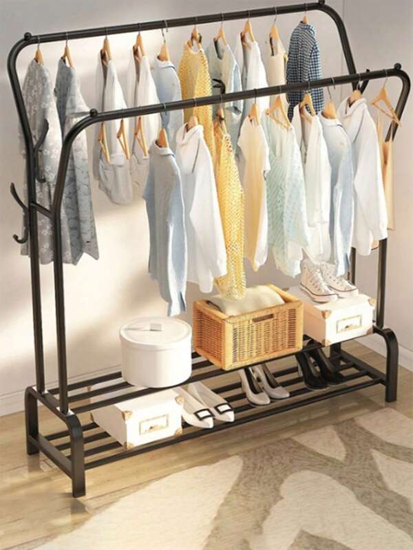 Estendal de roupas autônomo, cabide para roupas interno de barra única, fácil montagem para quarto/varanda, sapateira de metal de camada dupla, disponível em preto ou branco