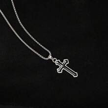 1pc Black Cross Pendant Necklace With Silver-Tone Metal Chain, Minimalist & Mysterious Design