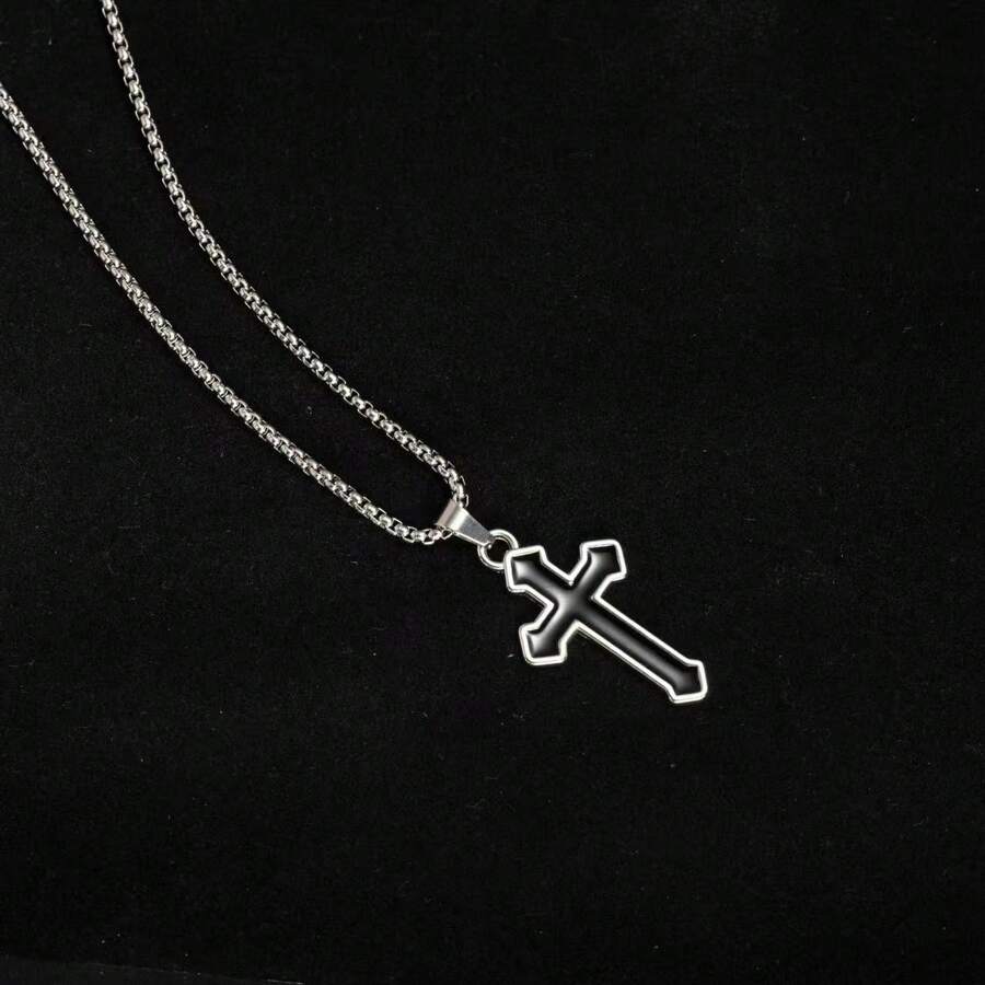 1pc Black Cross Pendant Necklace With Silver-Tone Metal Chain, Minimalist & Mysterious Design