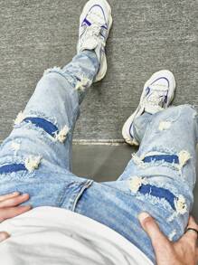 Men's Skinny Distressed Denim Jeans, Washed Blue Slim Fit Long Pants - Medium Wash - View 6