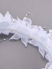 1 件女童珍珠花头带、白色网眼透明薄纱蝴蝶结发带、幼儿女童发箍、生日婚礼头饰、优雅头饰礼物、儿童发饰。