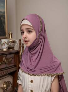 1pc Solid Color Gold Thread Lace Wrap Around Chin Convenient Hijab Cap, Breathable & Versatile Elastic Scarf In Mixed Colors, Hand-Made Chain Patterned Headscarf Cap For Girl, Instant Hijab, Malaysia/Indonesia Style