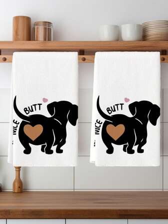 2 Pcs Kitchen Towel Animal Elements Suitable For Home, Kitchen, Restaurant, Party Decorations Funny Cute Dachshund Silhouette Pattern