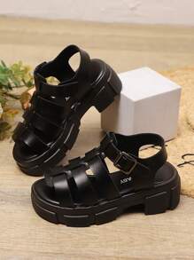 1 Pair Girls' Comfortable Waterproof Platform Black Sandals, Suitable For Summer