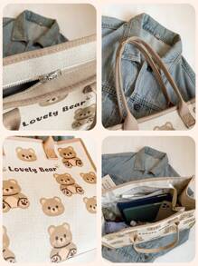 1pc Portable Canvas Mummy Bag, Versatile Large Capacity Mummy Diaper Bag, Cartoon Cute Bear Print Handbag, Casual Commuter Tote