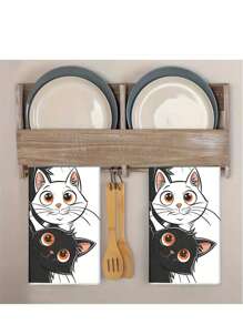 2 Packs Cute Black & White Cat Patterned Ultra-Soft Microfiber Dishcloths, Highly Absorbent Kitchen Cleaning Towels, Great For Cooking, Baking, Washing Dishes, Drying Hands, Decor, Housewarming, Birthday, Mother's Day Gifts