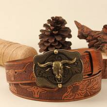 3.7cm Wide Cowboy Style Western Open-Mouth Bull Head Shape PU Leather Belt Buckle, Smooth Buckle With Stamping & Round Hole Design For Men & Women