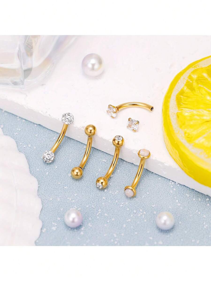 5 件 16G 316L 不锈钢小肚脐环眉钉香蕉条女士迷你简约内螺纹肚脐环防过敏小号 CZ 蛋白石眉毛唇耳钉 8-10 毫米