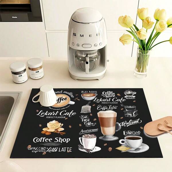 1 pieza Tapete de secado de platos de estilo vintage de gel de sílice, almohadilla de drenaje lavable, protector de mesa resistente al calor, decoración de cocina, accesorio para vajilla