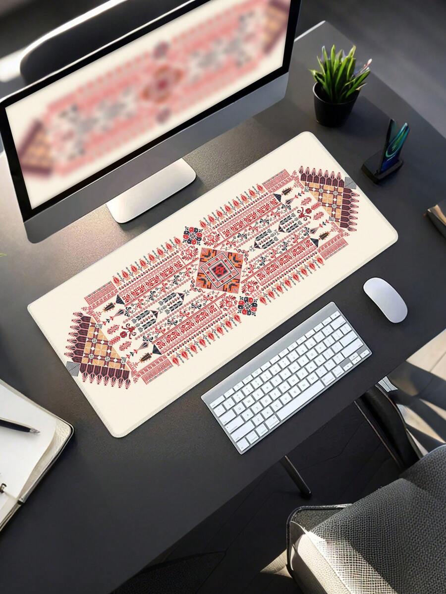 复古图案桌垫，适用于家庭和办公室的扩展大鼠标垫，大型游戏鼠标垫，带防滑橡胶底座和缝合边缘的笔记本电脑键盘垫 - 彩色 - 查看 1