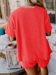 ASVIVID 女士罗纹圆领短袖针织宽松T恤和短裤休闲套装 - 橘色 - 查看 6