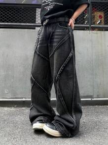 1pc Men's Distressed Vintage Wash Deconstructed Patchwork Wide Leg Jeans (Product Does Not Include Belt And Accessories) - Black - View 1