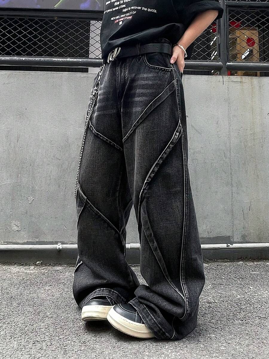 1pc Men's Distressed Vintage Wash Deconstructed Patchwork Wide Leg Jeans (Product Does Not Include Belt And Accessories) - Black - View 1