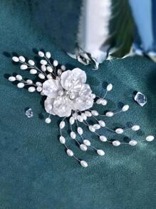 1 件优雅树脂花朵串珠珍珠新娘发夹，女士发饰头饰适合婚礼派对 - 銀色 - 查看 7