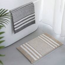 Striped Chenille Bathroom Rug, Extra Soft Absorbent Bath Mat, Anti-Slip Indoor Mat Machine Washable, Khaki, 16"X24"