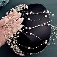 1pc Elegant Silver Pearl Crystal Tassel Headband, Handmade Shiny Bridal Headdress Accessories Suitable For Wedding, Party, All Seasons